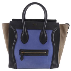 CELINE Luggage Mini 手提包，三色小牛皮，黑/藍/棕，A5 尺寸，拉鍊封口，女士 [二手]