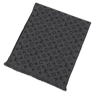 極美品▲LOUIS VUITTON ルイヴィトン M78526 エシャルプ モノグラム クラシック ウール100％ フリンジ マフラー グレー ブラック イタリア製 正規品 メンズ 箱付き