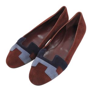Unused ▲HERMES Hermes Suede Leather H-motif Flat Pumps, Bordeaux Blue/Dark Blue, Size 36.5, Made in Italy, Women's, with Dust Bag