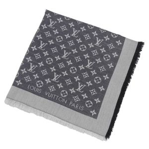 美品▲LOUIS VUITTON ルイヴィトン 2025年製 M71378 ショール モノグラム デニム シルク ウール フリンジ ストール グレー ブラック イタリア製 正規品 レディース