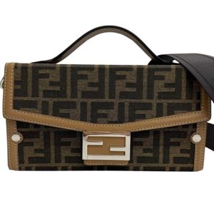 成色極佳， FENDI 7VA565 帆布和皮革拼接 Zucca 圖案軟質手提包，ブラウン，銀色五金配件，男士兩用法棍包/單肩包，意大利製造。