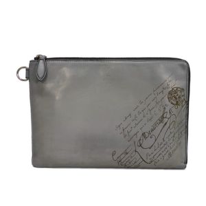 Used Berluti Nino GM pouch, new logo embossed, Venezia calfskin, silver-gray, card pockets, document case, second bag, calligraphy, light aluminum clutch bag.